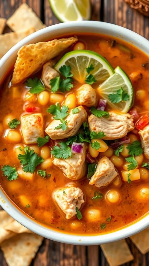 A hearty bowl of chicken posole with hominy and cilantro, garnished with lime, on a rustic table with tortilla strips.